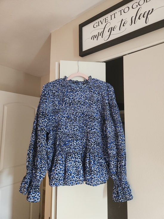 Express Tops - Express Blue and Black Printed Long Sleeve Smocked Peplum Top Size XL
